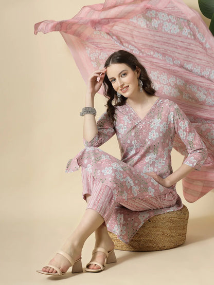 Pink Pure Cotton Floral Print Thread Work Kurta Set With Pant & Dupatta