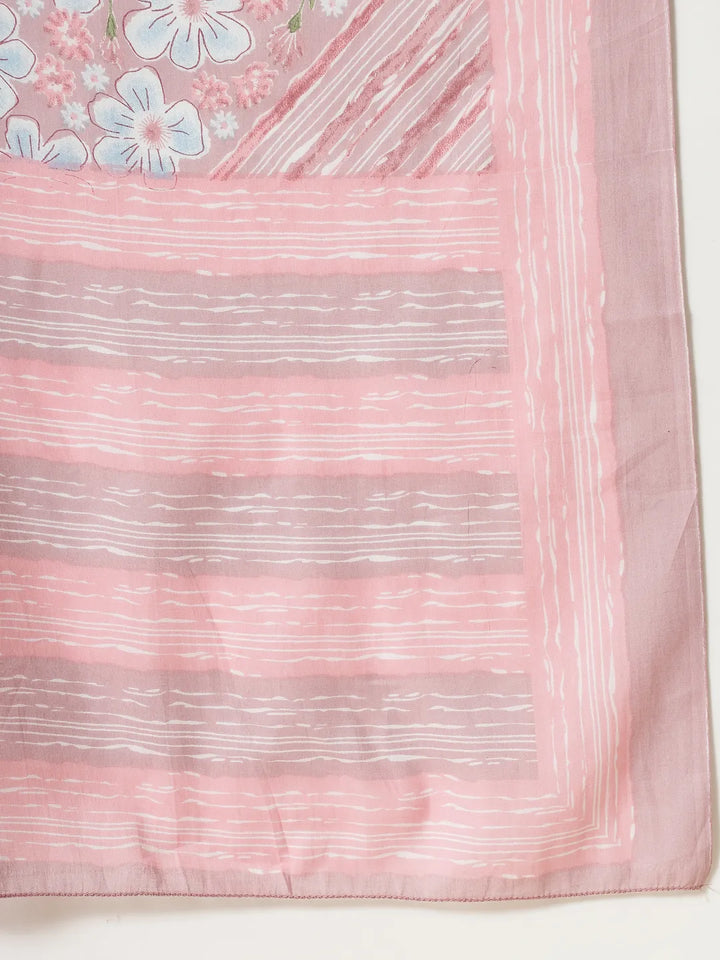 Pink Pure Cotton Floral Print Thread Work Kurta Set With Pant &amp; Dupatta