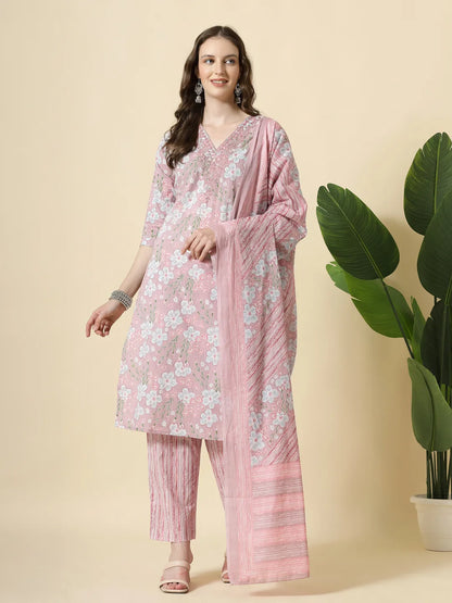 Pink Pure Cotton Floral Print Thread Work Kurta Set With Pant & Dupatta