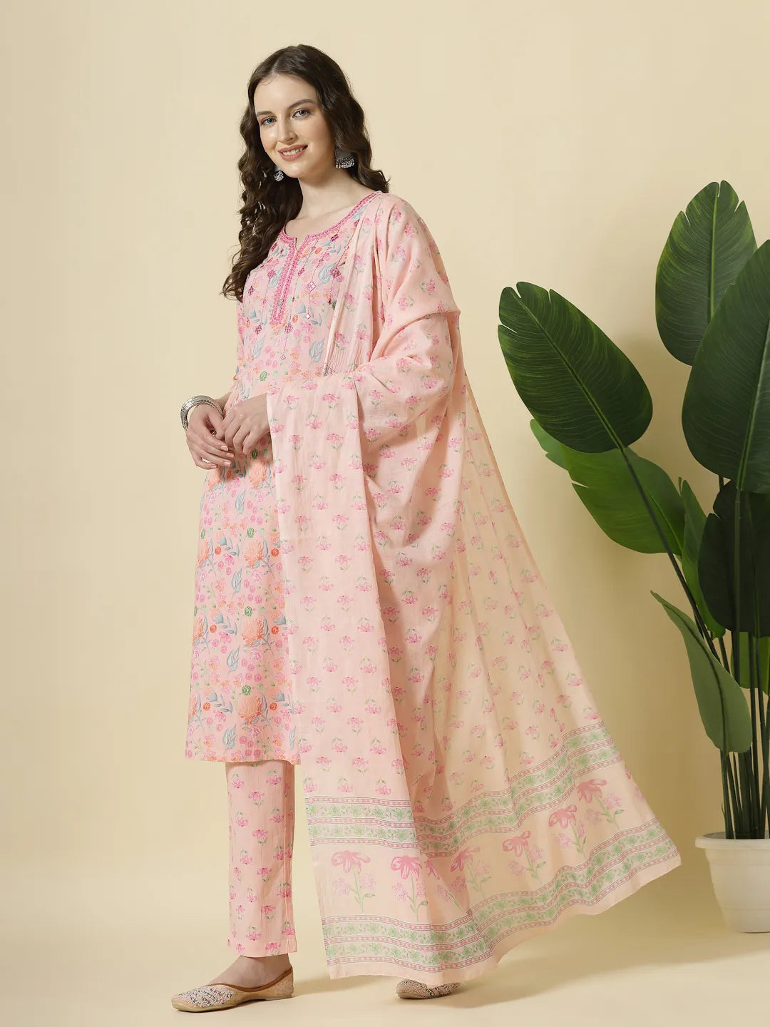 Pink Pure Cotton Floral Thread Work Kurta Dupatta Pant Set