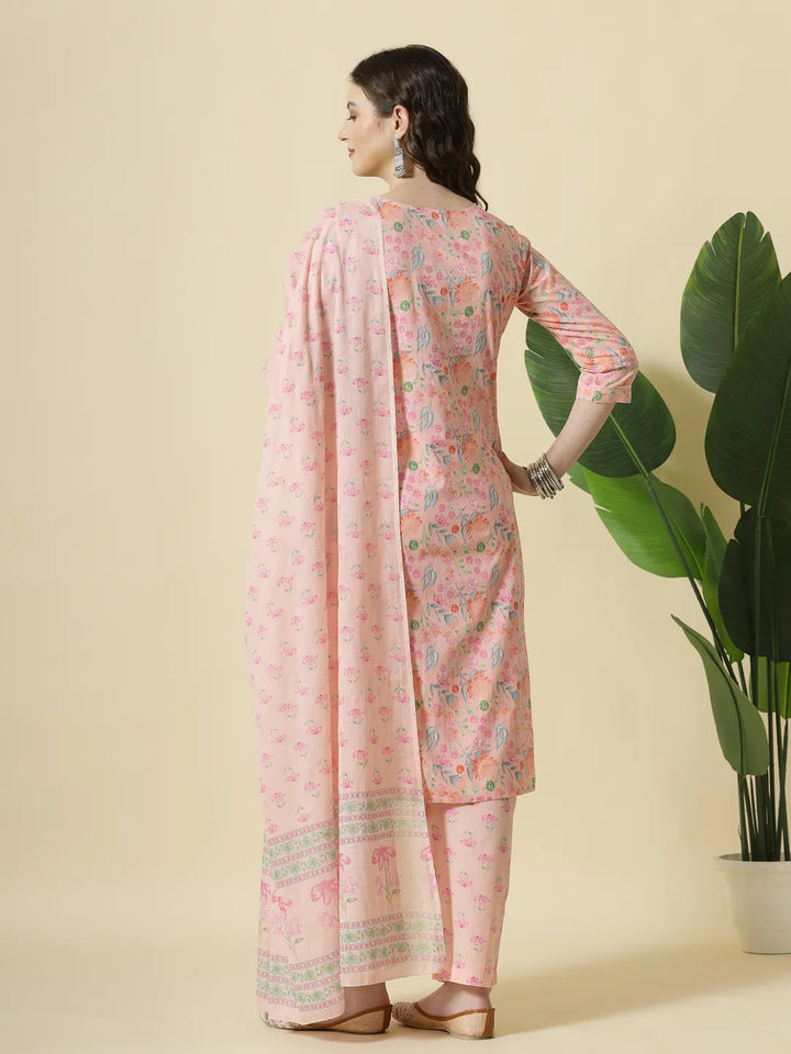 Pink Pure Cotton Floral Thread Work Kurta Dupatta Pant Set