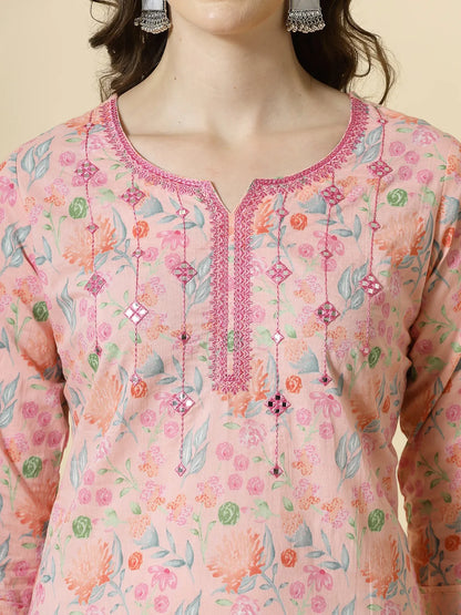 Pink Pure Cotton Floral Thread Work Kurta Dupatta Pant Set