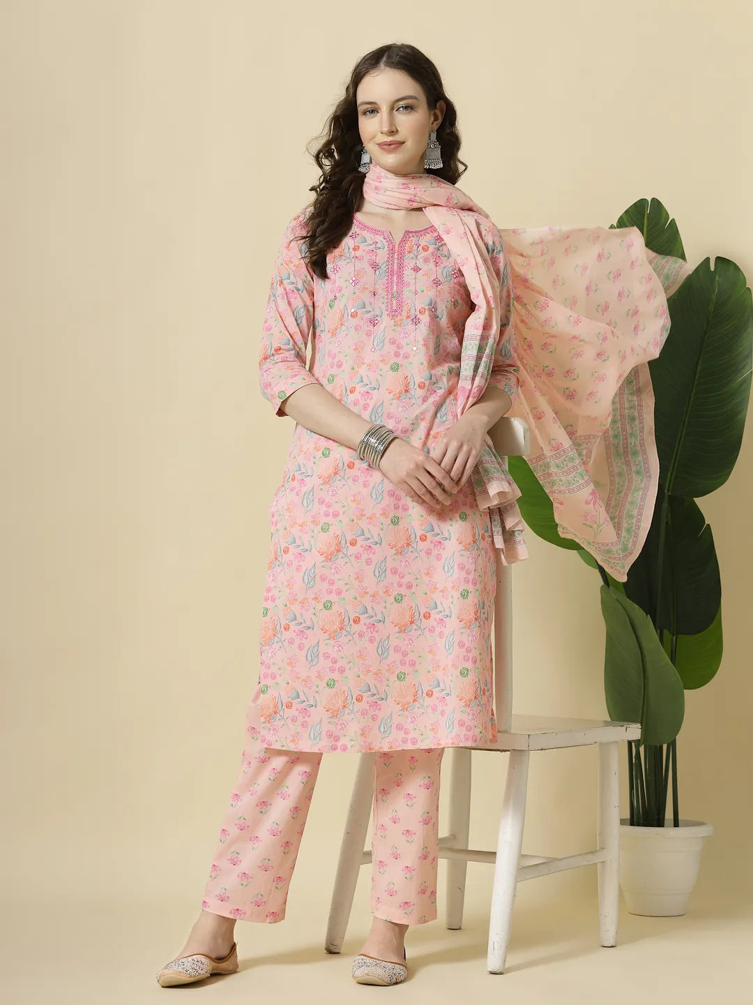 Pink Pure Cotton Floral Thread Work Kurta Dupatta Pant Set