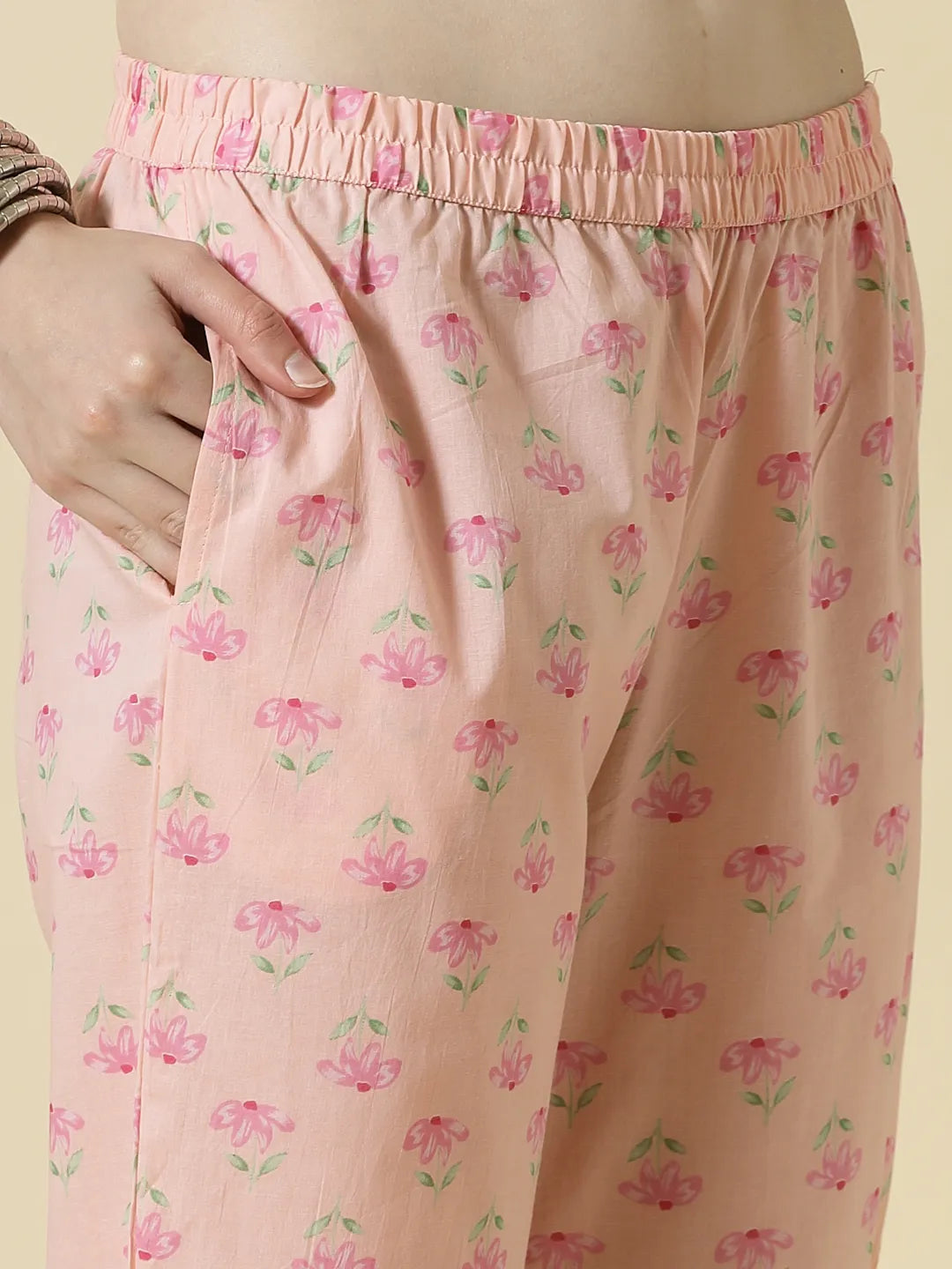 Pink Pure Cotton Floral Thread Work Kurta Dupatta Pant Set