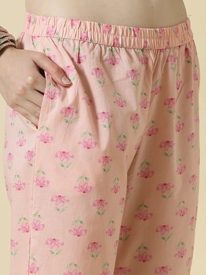 Pink Pure Cotton Floral Thread Work Kurta Dupatta Pant Set