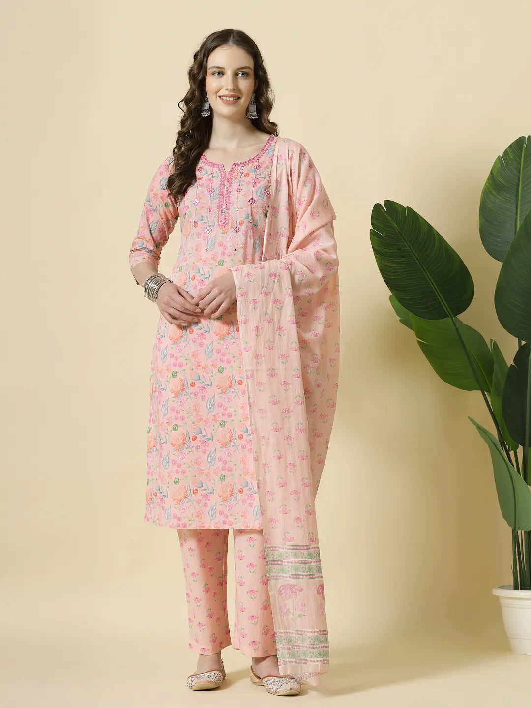 Pink Pure Cotton Floral Thread Work Kurta Dupatta Pant Set