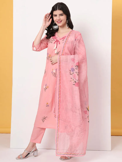 Pink Pure Cotton Kantha Work Kurta Dupatta Pant Set