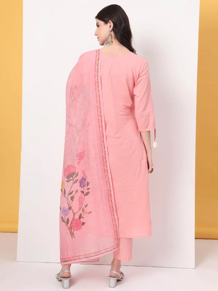 Pink Pure Cotton Kantha Work Kurta Dupatta Pant Set