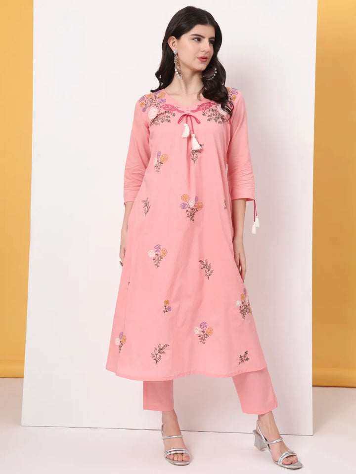 Pink Pure Cotton Kantha Work Kurta Dupatta Pant Set