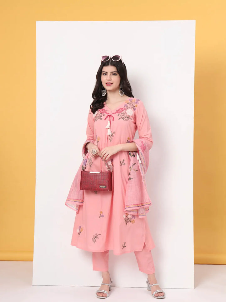 Pink Pure Cotton Kantha Work Kurta Dupatta Pant Set
