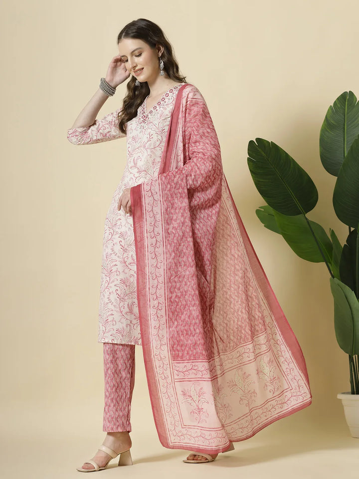 Pink Pure Cotton Paisley Thread Work Kurta Dupatta Pant Set