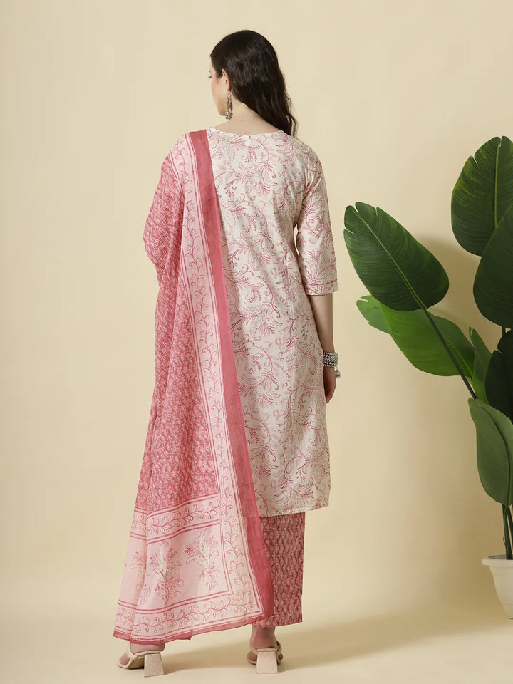 Pink Pure Cotton Paisley Thread Work Kurta Dupatta Pant Set