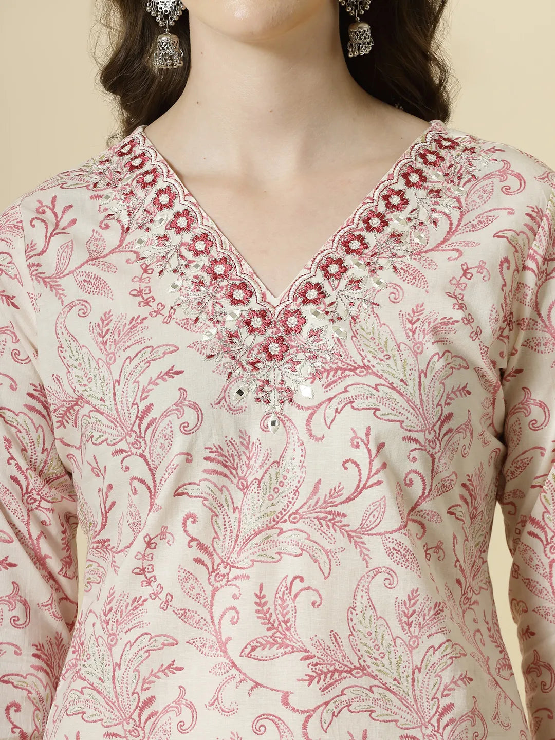 Pink Pure Cotton Paisley Thread Work Kurta Dupatta Pant Set