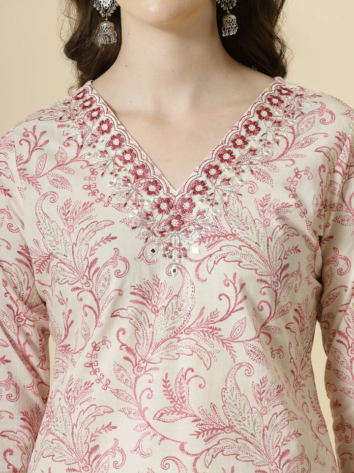 Pink Pure Cotton Paisley Thread Work Kurta Dupatta Pant Set