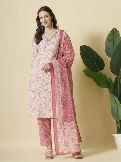 Pink Pure Cotton Paisley Thread Work Kurta Dupatta Pant Set