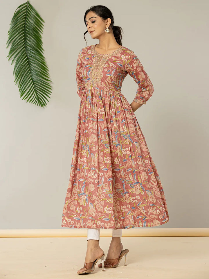 Pink Pure Cotton Sequins Work Dress