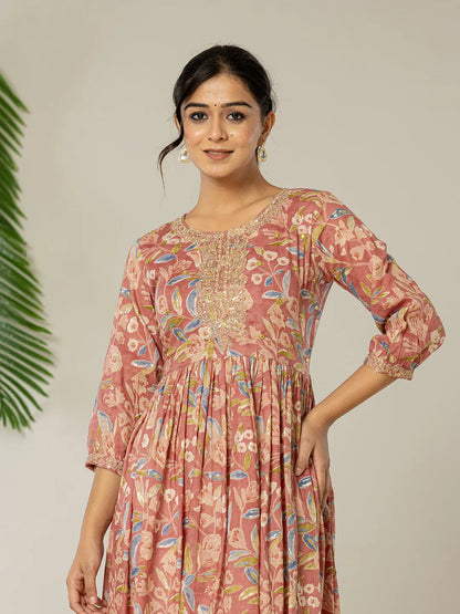 Pink Pure Cotton Sequins Work Dress