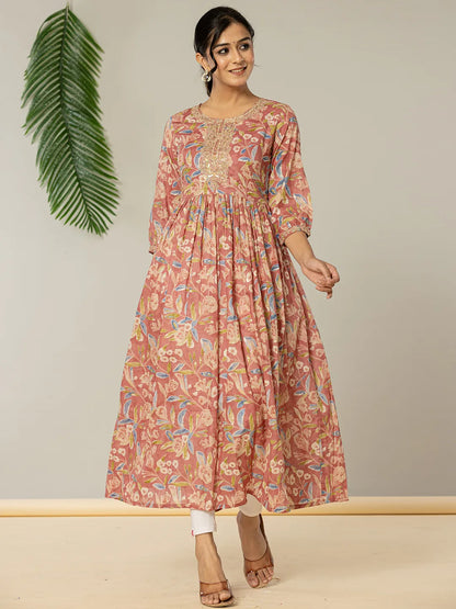 Pink Pure Cotton Sequins Work Dress