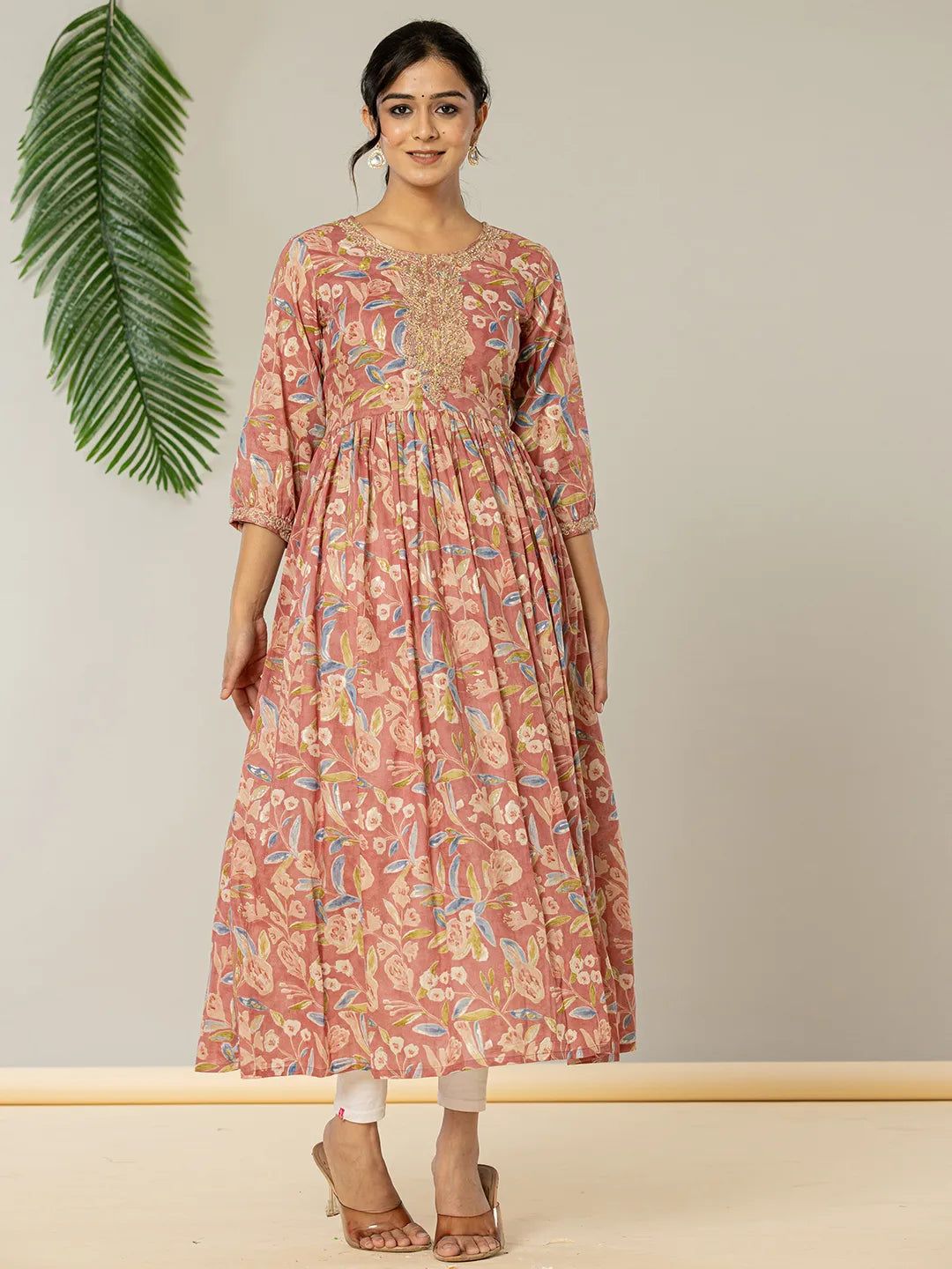 Pink Pure Cotton Sequins Work Dress