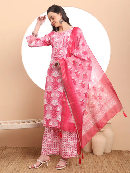 Pink Pure Cotton Straight Kurta Set With Palazzo And Dupatta