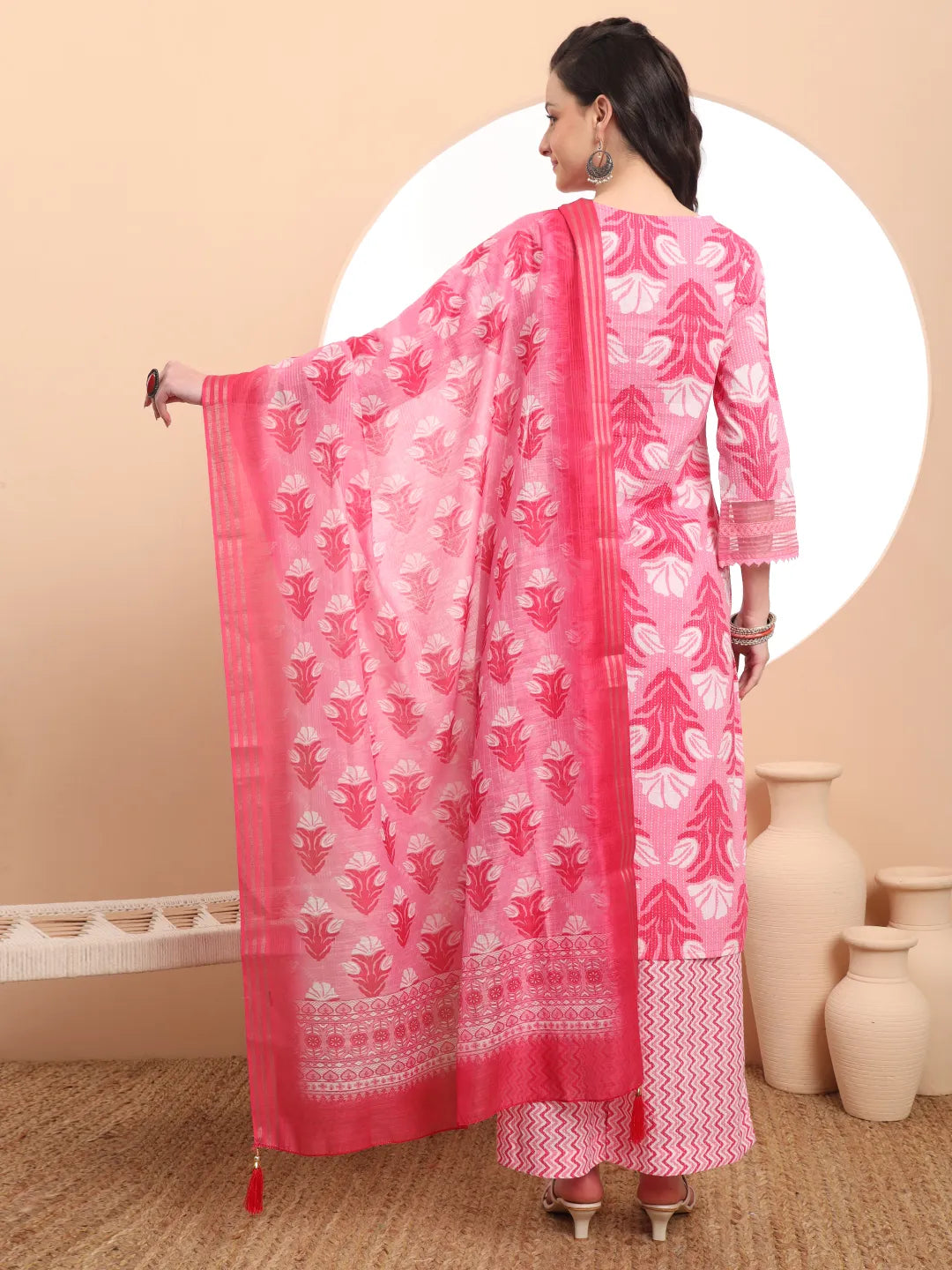Pink Pure Cotton Straight Kurta Set With Palazzo And Dupatta