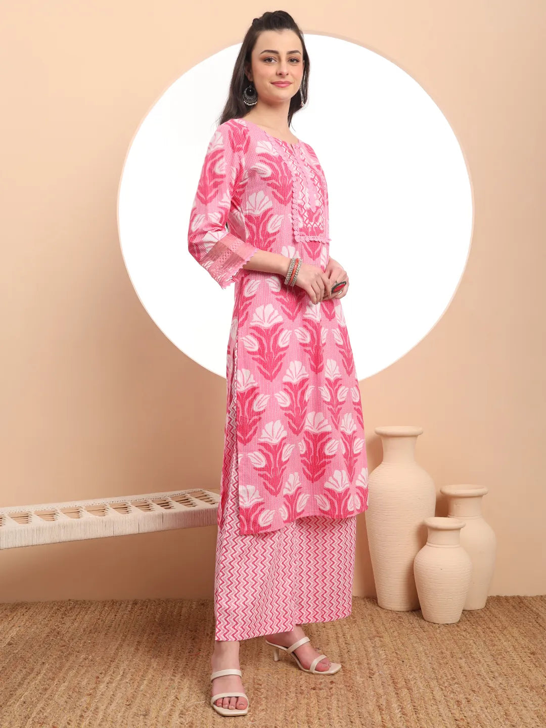 Pink Pure Cotton Straight Kurta Set With Palazzo And Dupatta