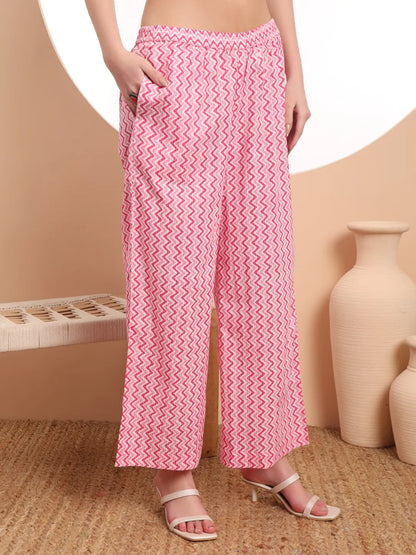 Pink Pure Cotton Straight Kurta Set With Palazzo And Dupatta