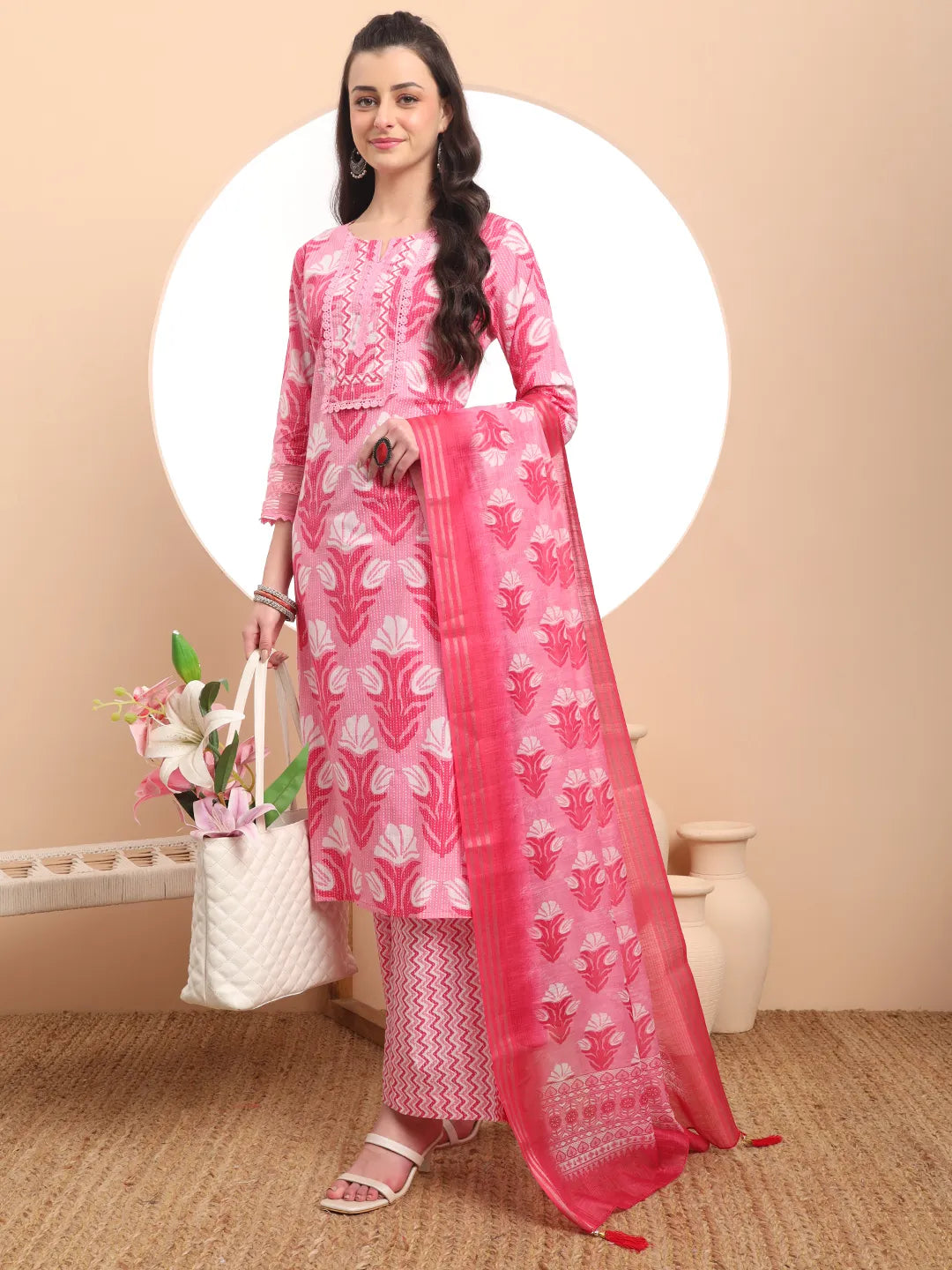 Pink Pure Cotton Straight Kurta Set With Palazzo And Dupatta