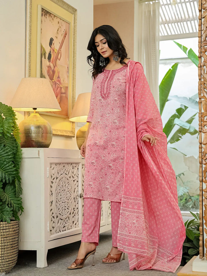 Pink Pure Cotton Thread Work Sequins Work Kurta Dupatta Pant Set
