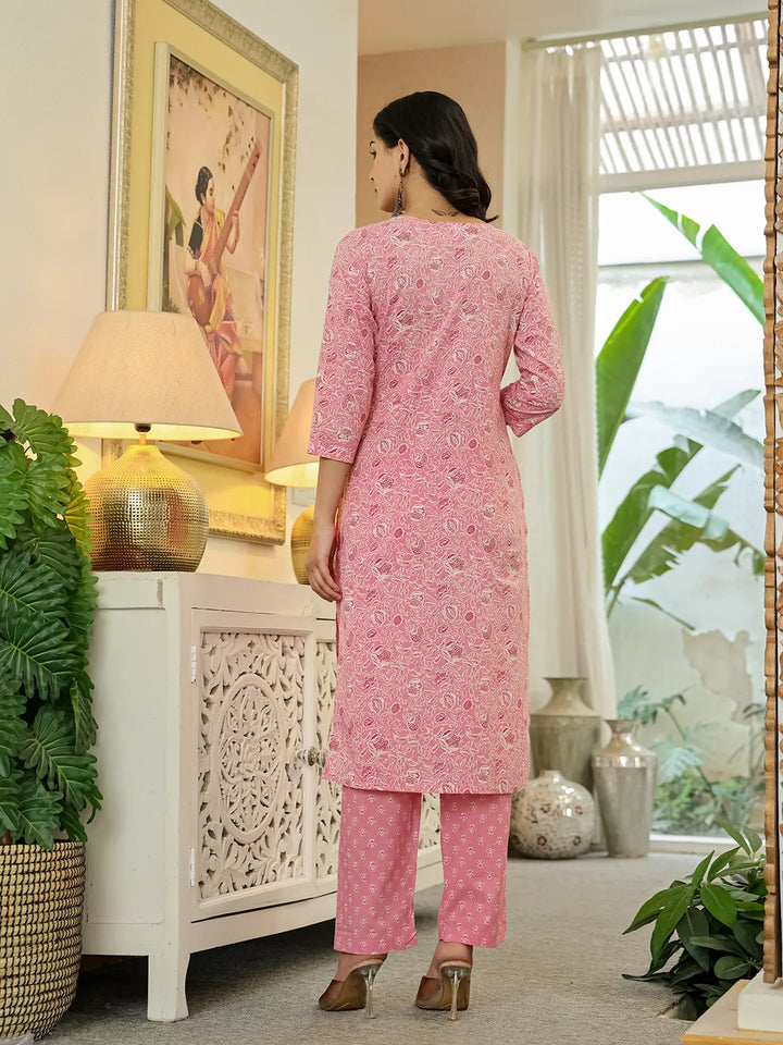 Pink Pure Cotton Thread Work Sequins Work Kurta Dupatta Pant Set