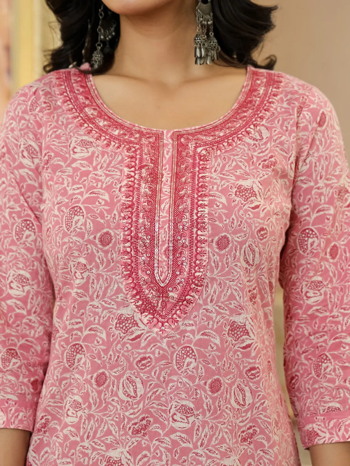 Pink Pure Cotton Thread Work Sequins Work Kurta Dupatta Pant Set