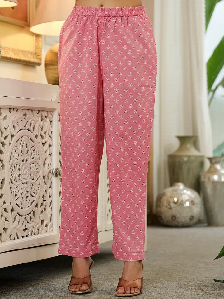 Pink Pure Cotton Thread Work Sequins Work Kurta Dupatta Pant Set