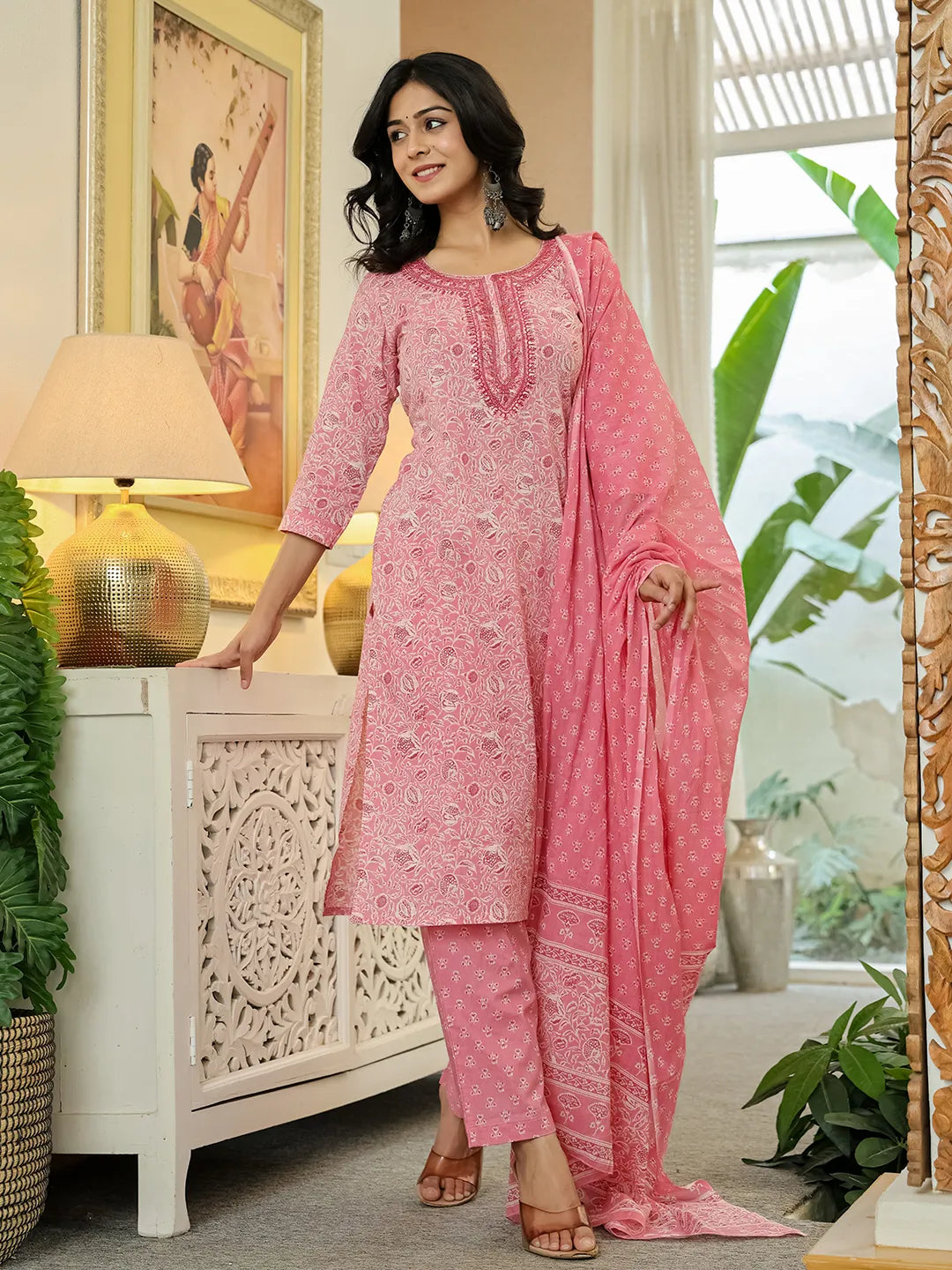 Pink Pure Cotton Thread Work Sequins Work Kurta Dupatta Pant Set