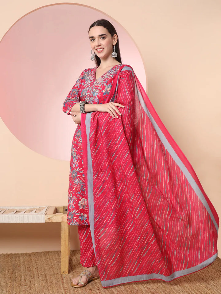 Pink Pure Cotton Thread Work Straight Kurta Dupatta Pant Set