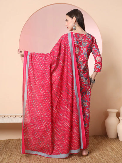 Pink Pure Cotton Thread Work Straight Kurta Dupatta Pant Set