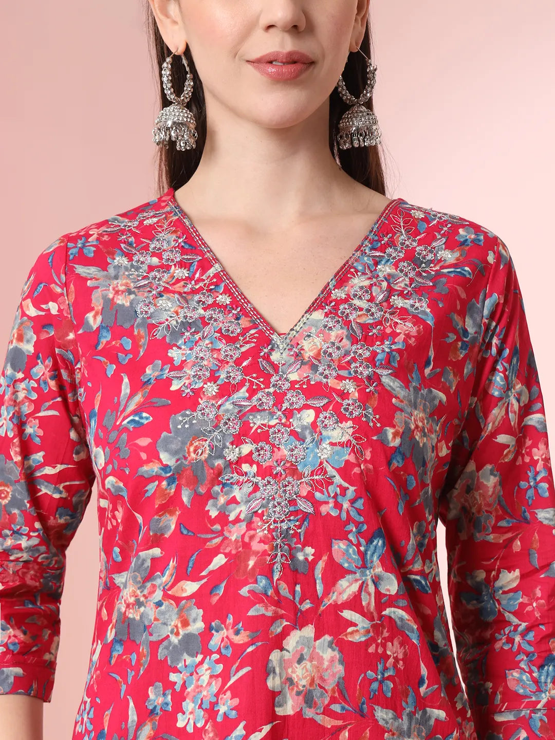 Pink Pure Cotton Thread Work Straight Kurta Dupatta Pant Set