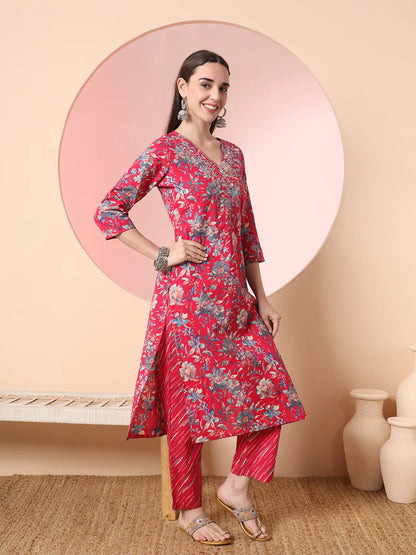 Pink Pure Cotton Thread Work Straight Kurta Dupatta Pant Set