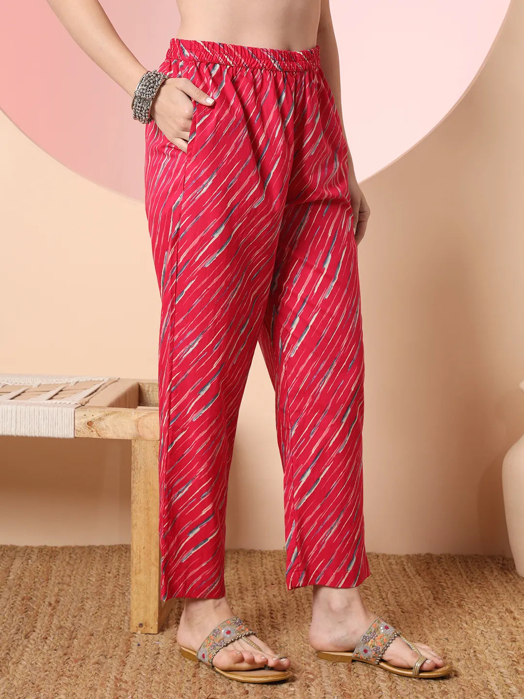 Pink Pure Cotton Thread Work Straight Kurta Dupatta Pant Set