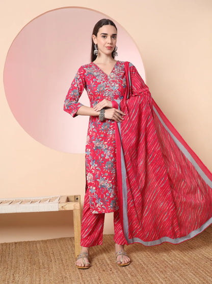 Pink Pure Cotton Thread Work Straight Kurta Dupatta Pant Set