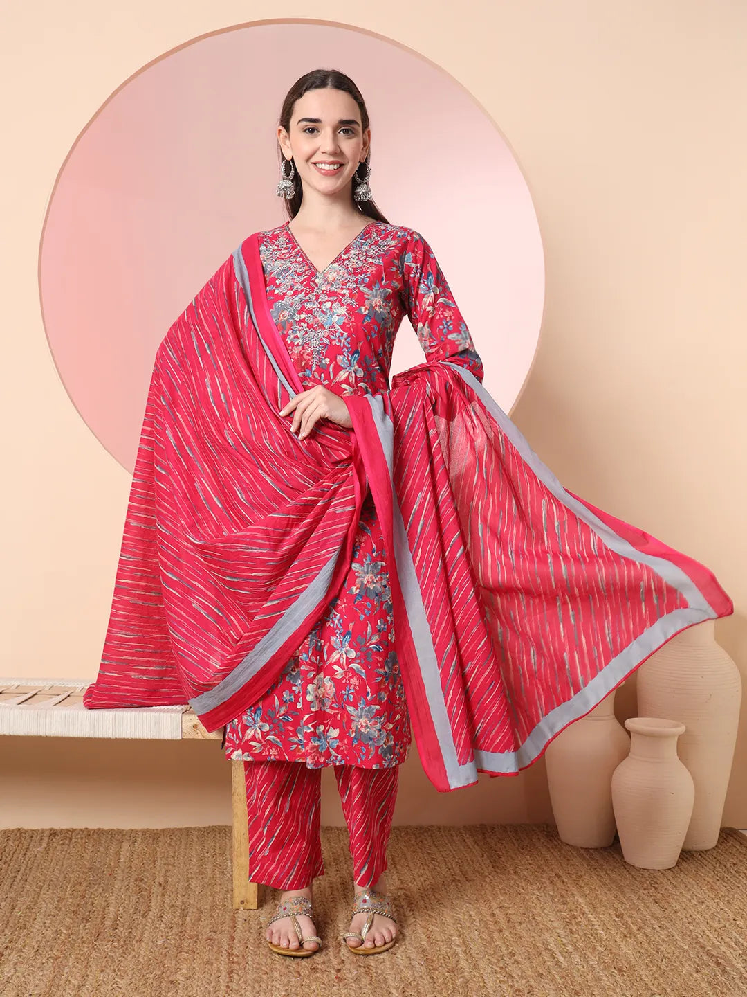 Pink Pure Cotton Thread Work Straight Kurta Dupatta Pant Set