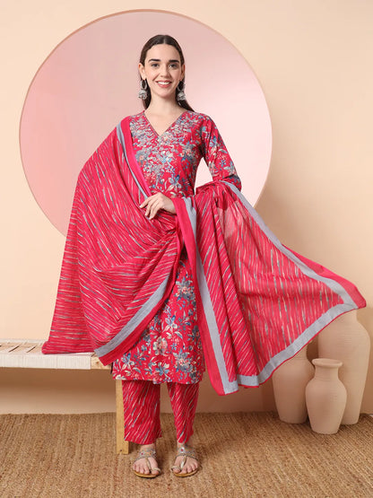 Pink Pure Cotton Thread Work Straight Kurta Dupatta Pant Set