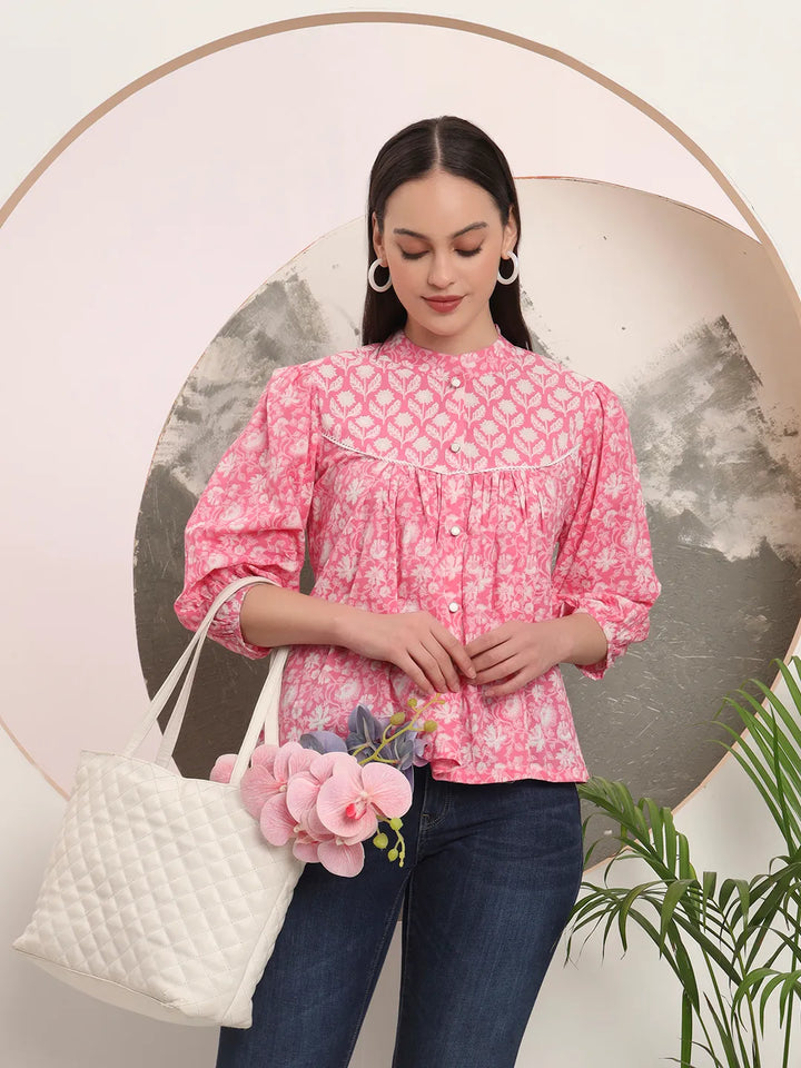 Pink Pure Cotton Top With Lace Detailing&