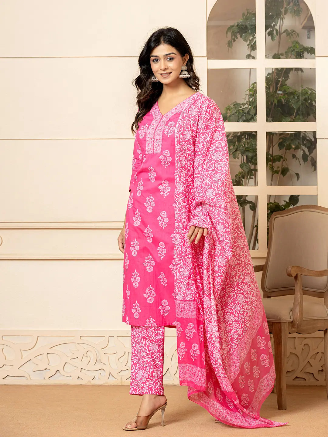 Pink Sequins Work Pure Cotton Straight Kurta Dupatta Set