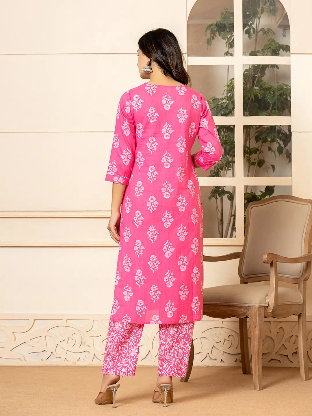 Pink Sequins Work Pure Cotton Straight Kurta Dupatta Set