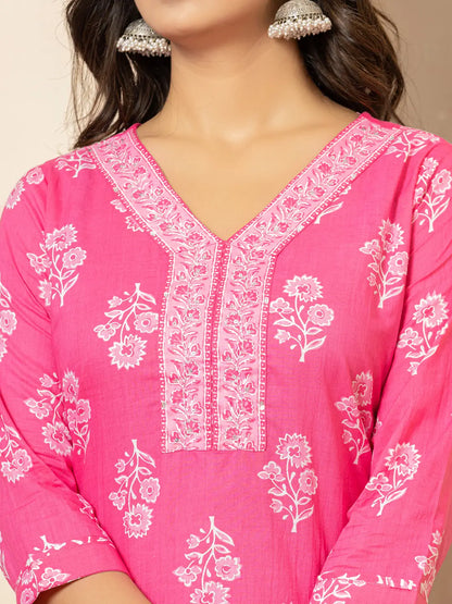 Pink Sequins Work Pure Cotton Straight Kurta Dupatta Set
