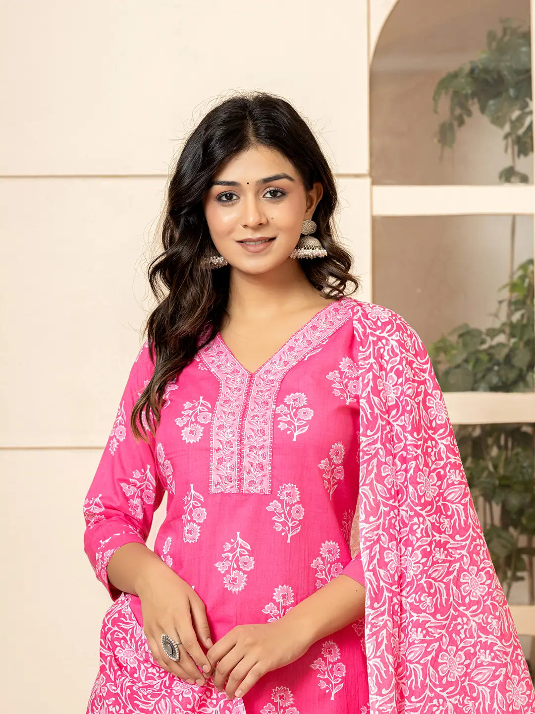 Pink Sequins Work Pure Cotton Straight Kurta Dupatta Set