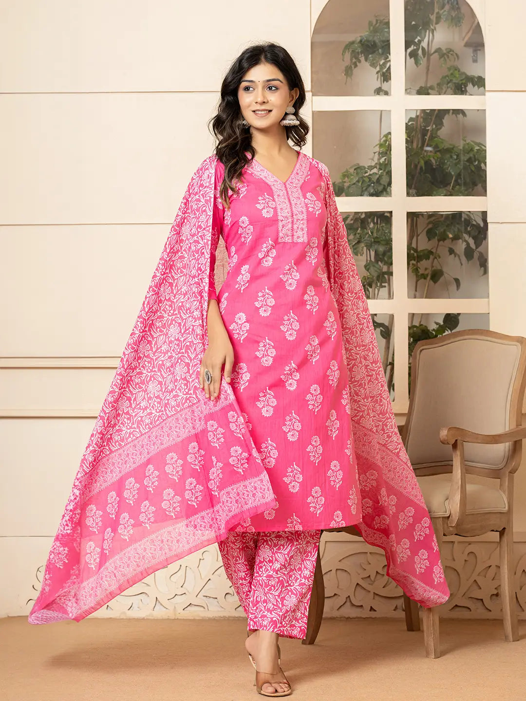 Pink Sequins Work Pure Cotton Straight Kurta Dupatta Set