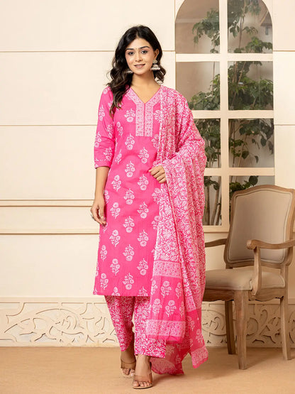 Pink Sequins Work Pure Cotton Straight Kurta Dupatta Set