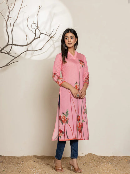 Pink Silk Blend Digital Print Kurta