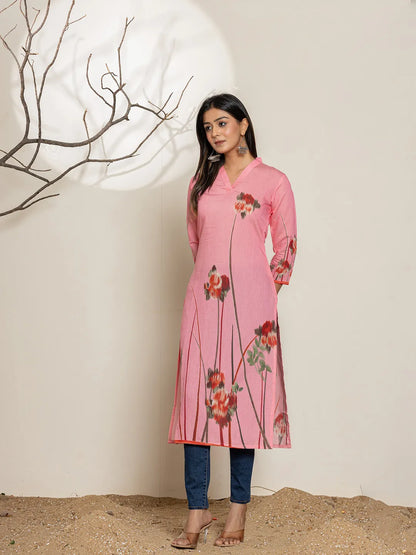 Pink Silk Blend Digital Print Kurta
